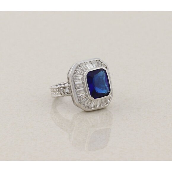 Sterling Silver Blue Cubic Zirconia and White Cubic Zirconia Ring Size 7 1/2 - Picture 5 of 8